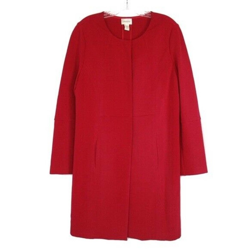 CHICO'S Size 3 (16/18) Red Knit Snap Closure Blazer Duster Jacket Knee Length